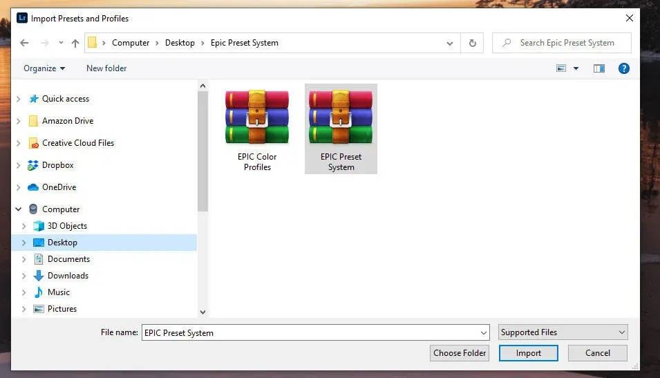 Import a zip file containing the presets