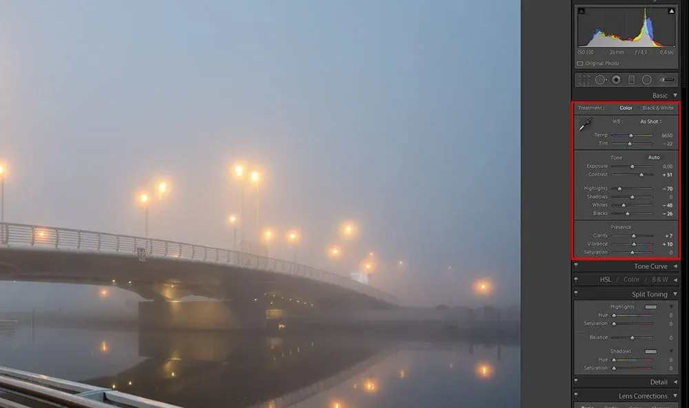 Editing the Basic Adjustments in Lightroom. This always depends on your image. But for fog photos I find these settings to work well. I also have a collection of my settings through out my photography journey in my presets collections.