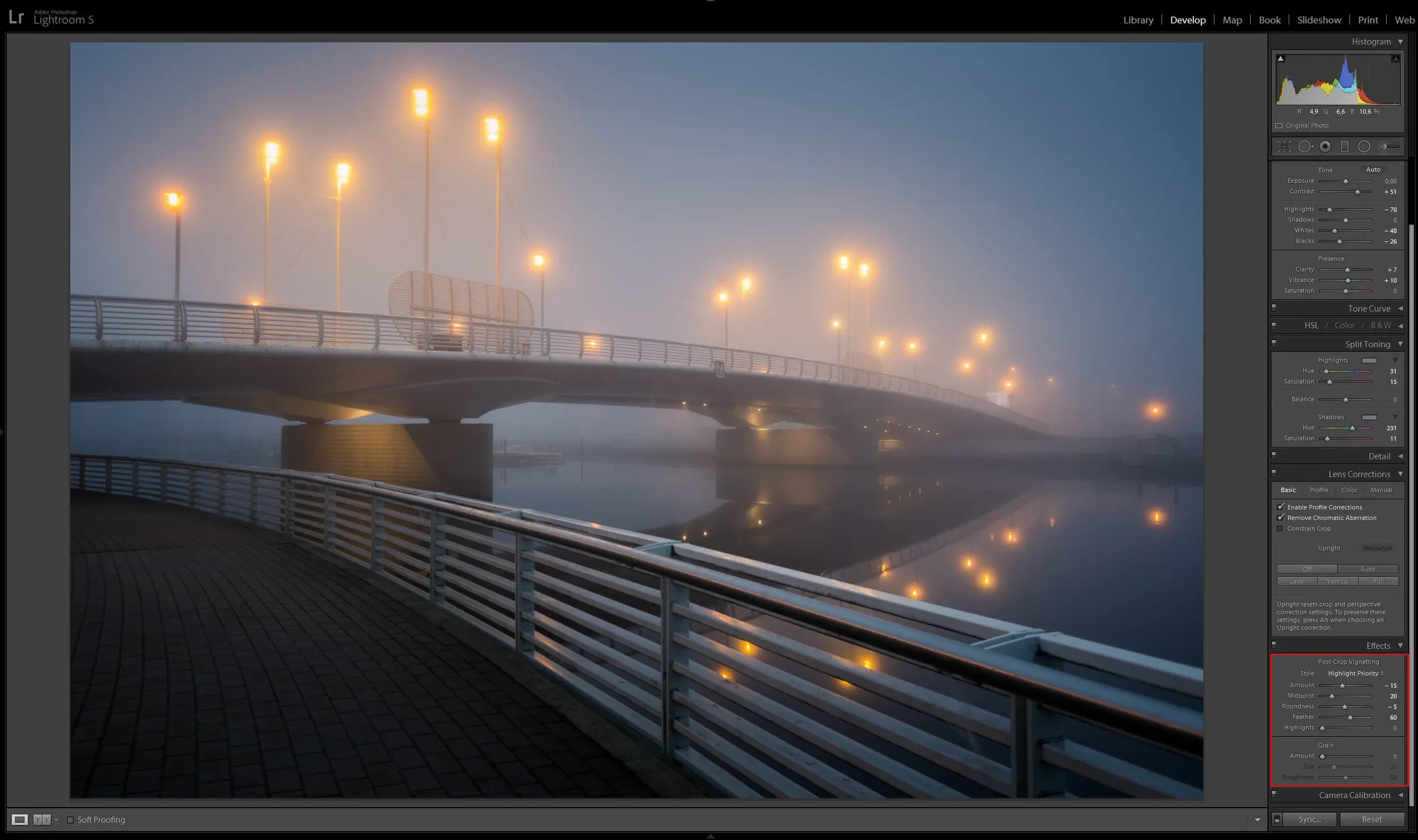 For final adjustment I tend to add some Vignetting through the Effects Dialogue.