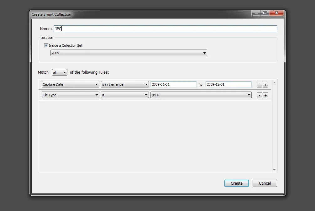 Here is an example on adding JPG -files from the year into one Smart Collection