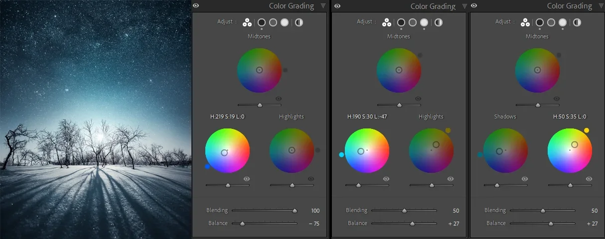 You can change the mood of the image through the color grading panel in Lightroom.