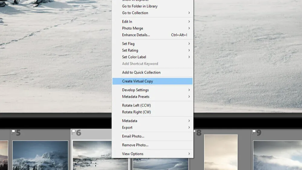 Right Click to Create a Virtual Copy in Lightroom CC Classic.