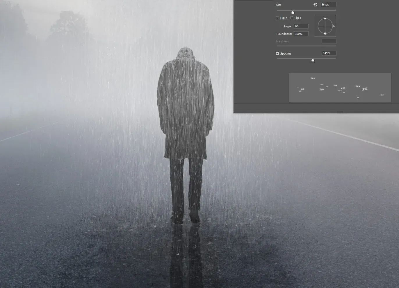Using custom brushes to make the raindrops.