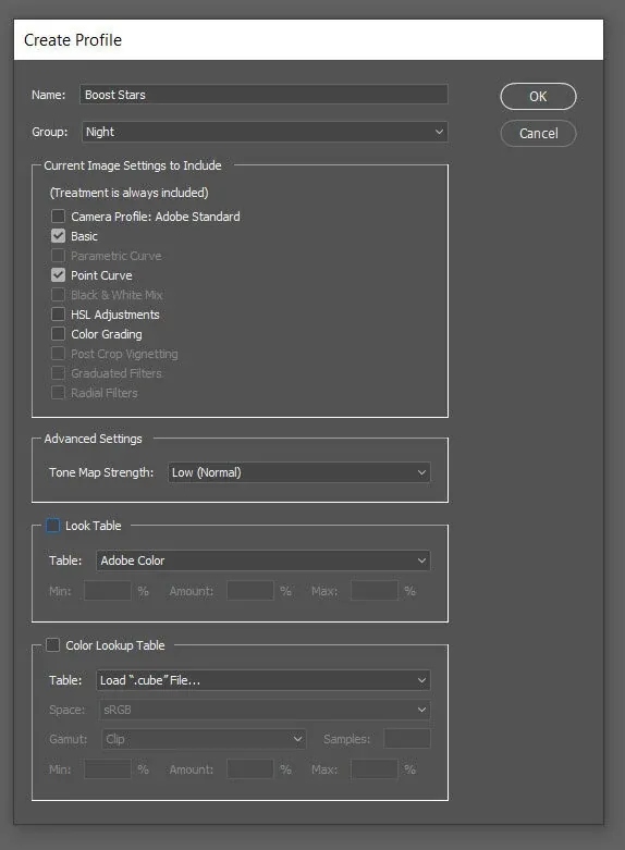 Save the color profile with settings you want to experiment