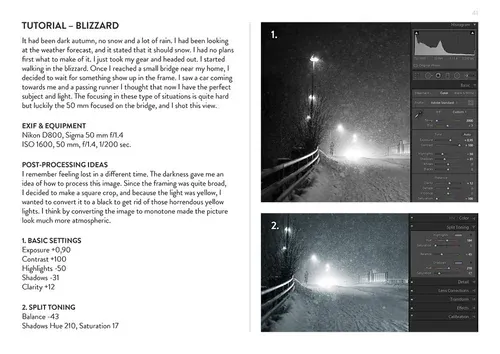Blizzard tutorial spread with Lightroom settings from the Atmosphere eBook