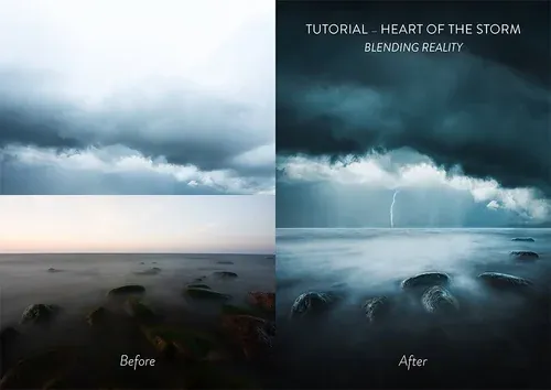Heart of the Storm tutorial spread showing a before and after edit