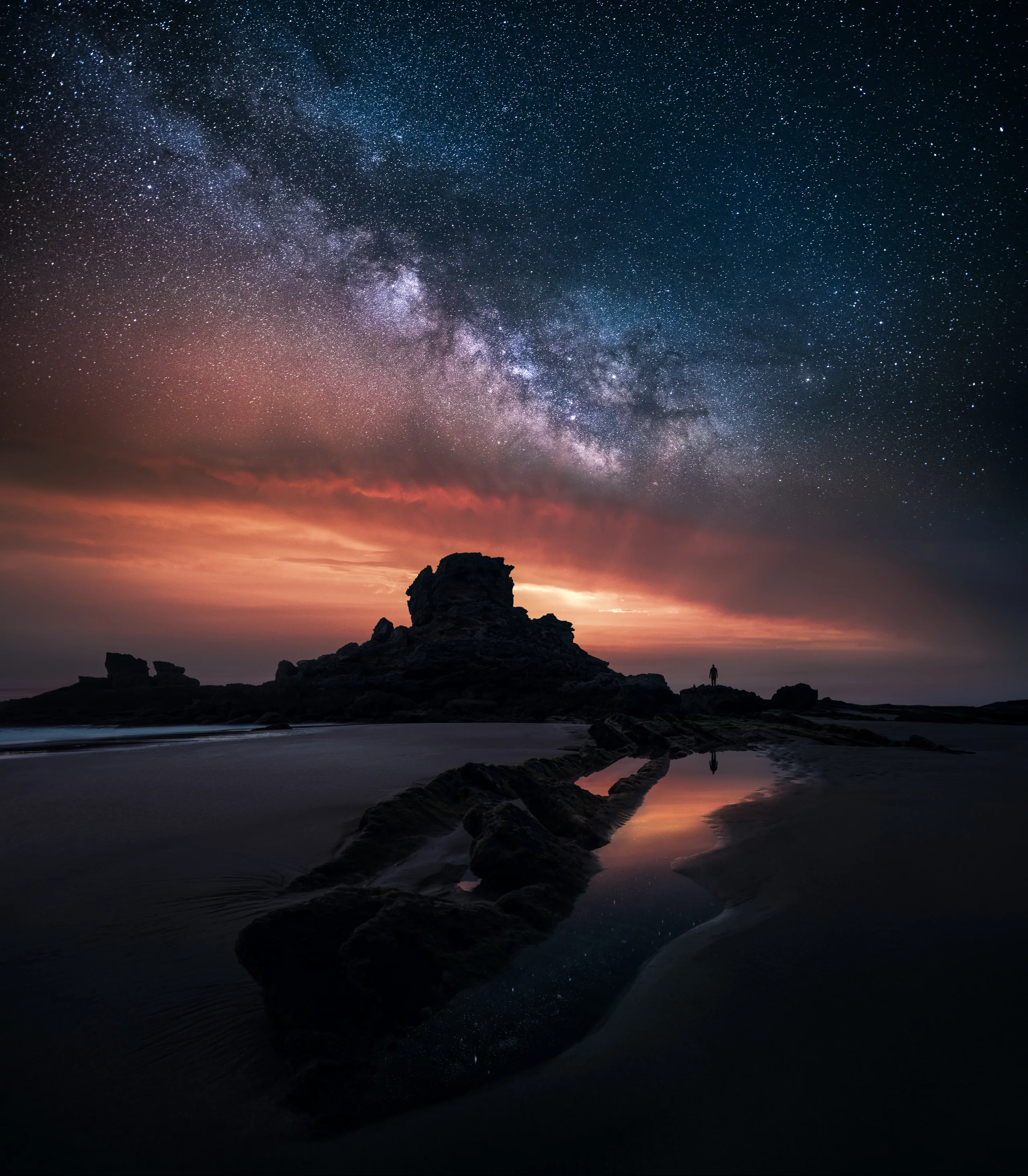 Day-to-night composite - Milky Way over coastal sunset, by Mikko Lagerstedt