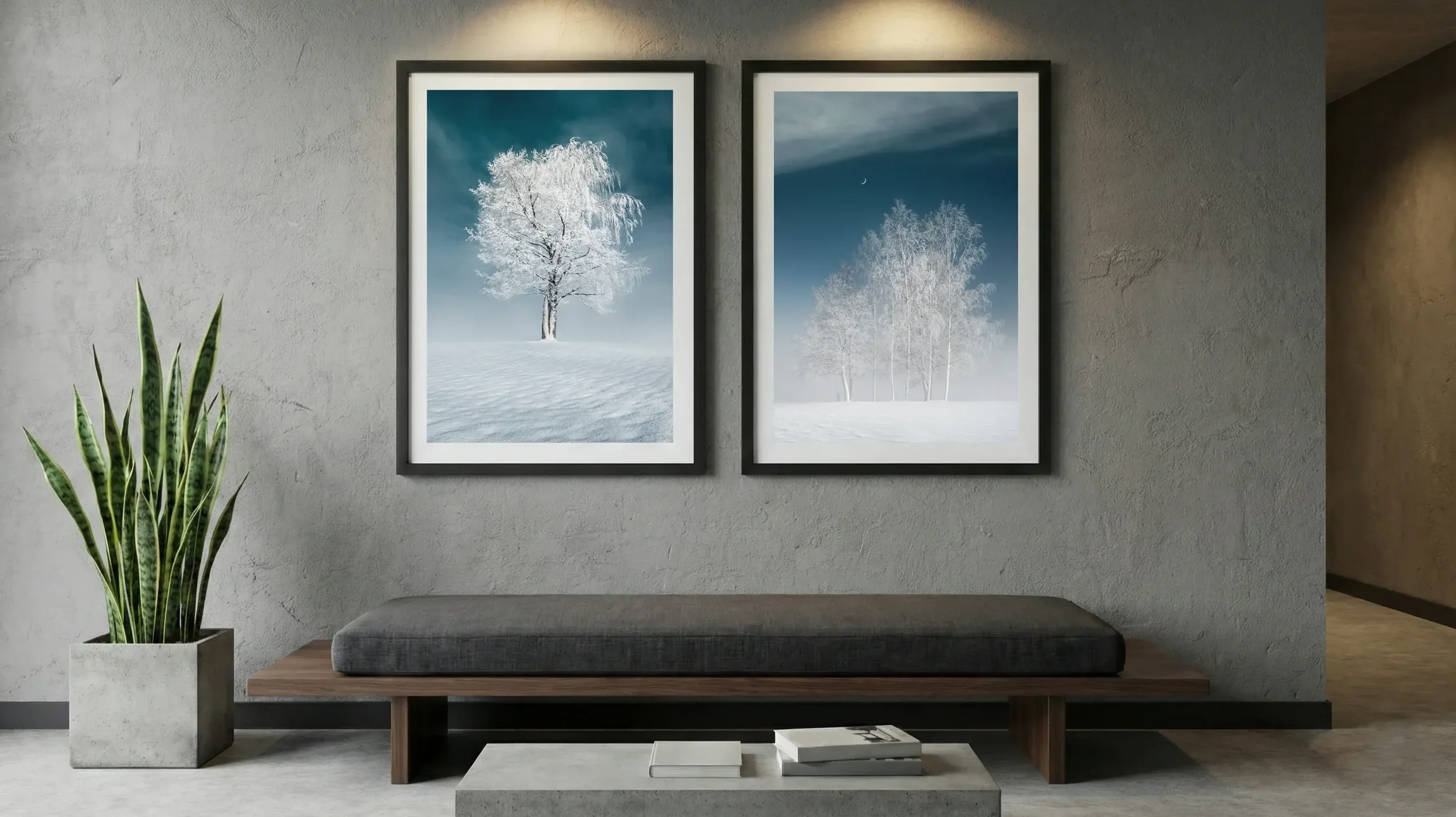 Atmospheric landscape photograph on a large wall in a calm architectural interior