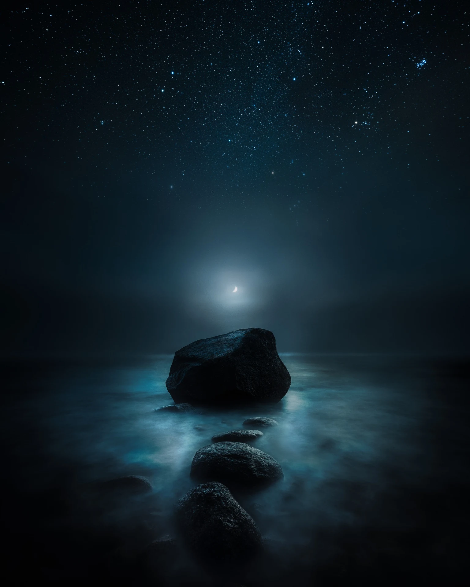 Dark winter waves breaking against rocks under moonlight
