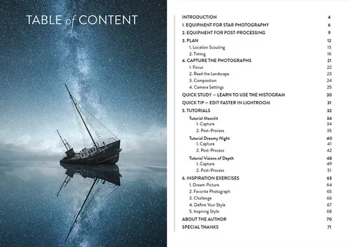 Preview spread from the Star Photography Masterclass showing night sky guidance and example imagery