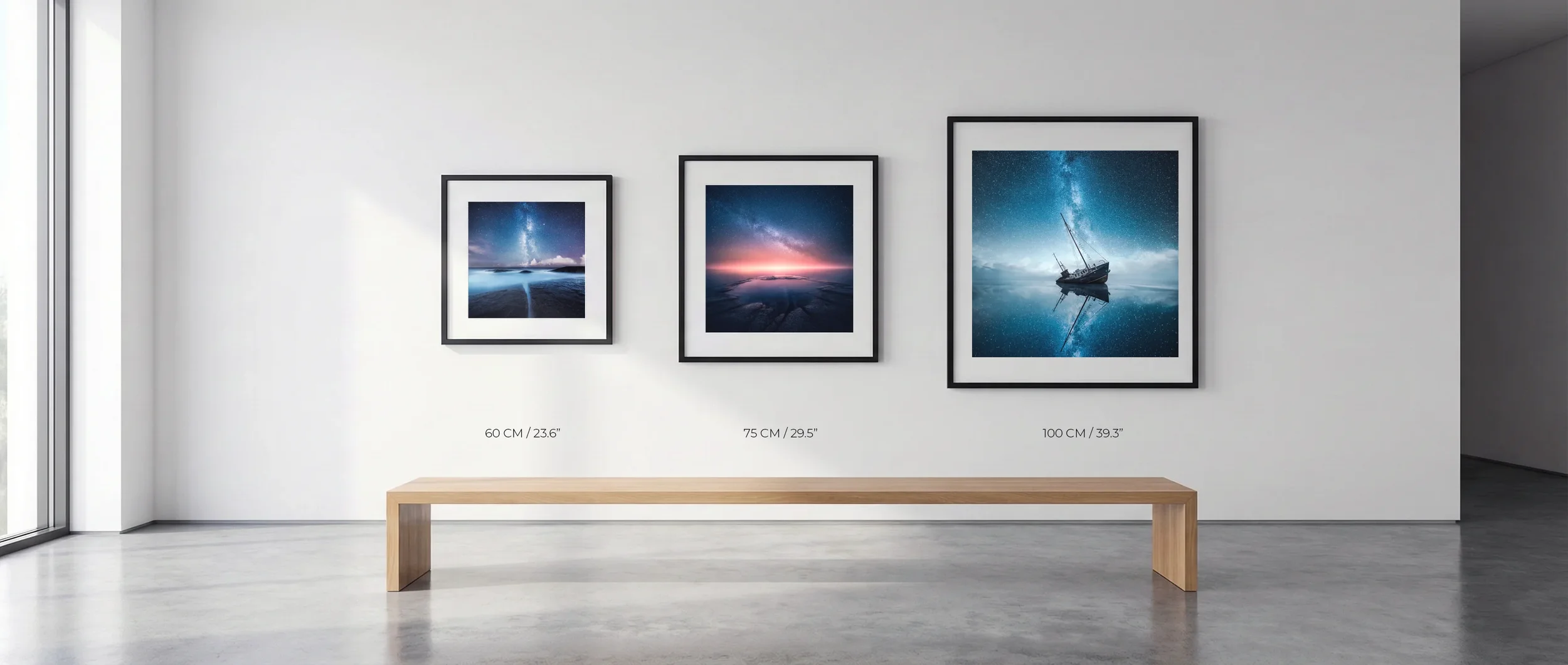 Print size comparison guide showing different print sizes on a wall