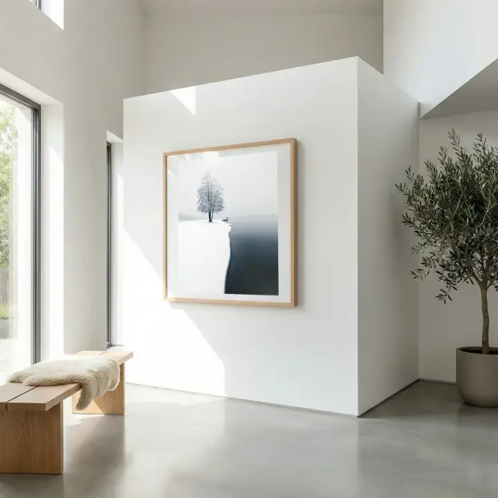 Framed First Snow fine art print displayed on a bright, calm interior wall